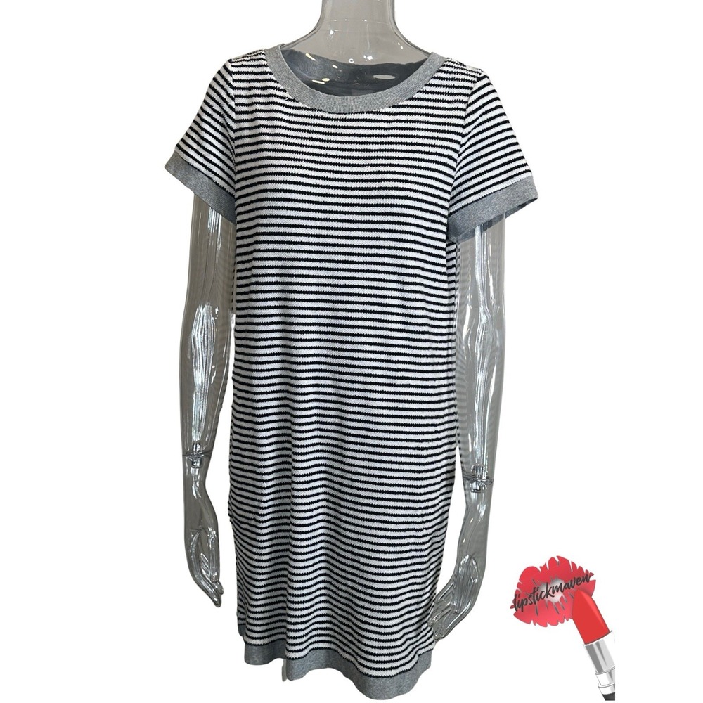 Chico's Zenergy Dress‎ Size 1 (US 8) White Black Gray Striped Terry Cloth Casual